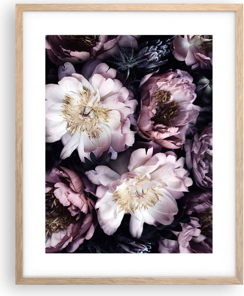 Gerahmtes Poster - Rahmen in heller Eiche - Pfingstrosen Veilchen Blumen - 40x50 cm - Wand Bild - Wanddeko - Wandbilder - Kunstposter - Wandposter ...