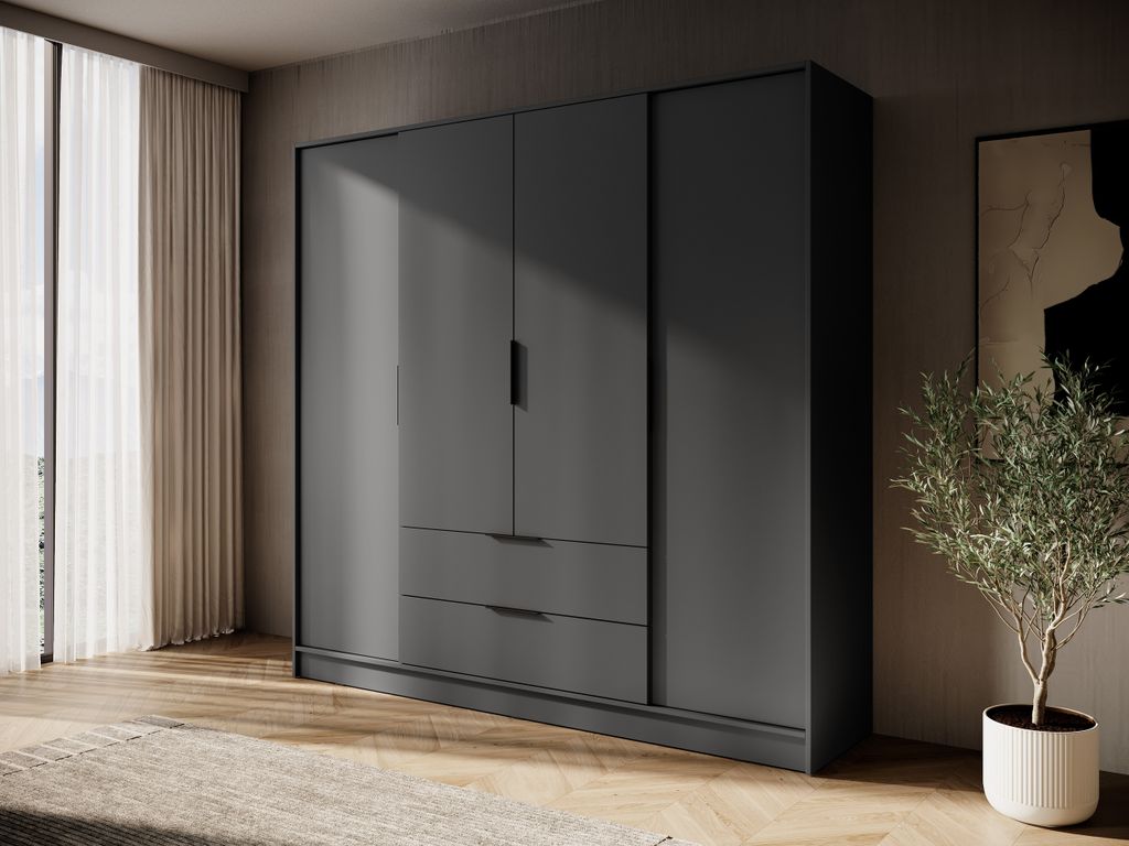 Kleiderschrank 4-türig mit Schubladen und Vitrine – moderner Schrank mit Riffelglas / Flutes Glas, viel Stauraum, 206 cm breit, Schlafzimmer Gar...