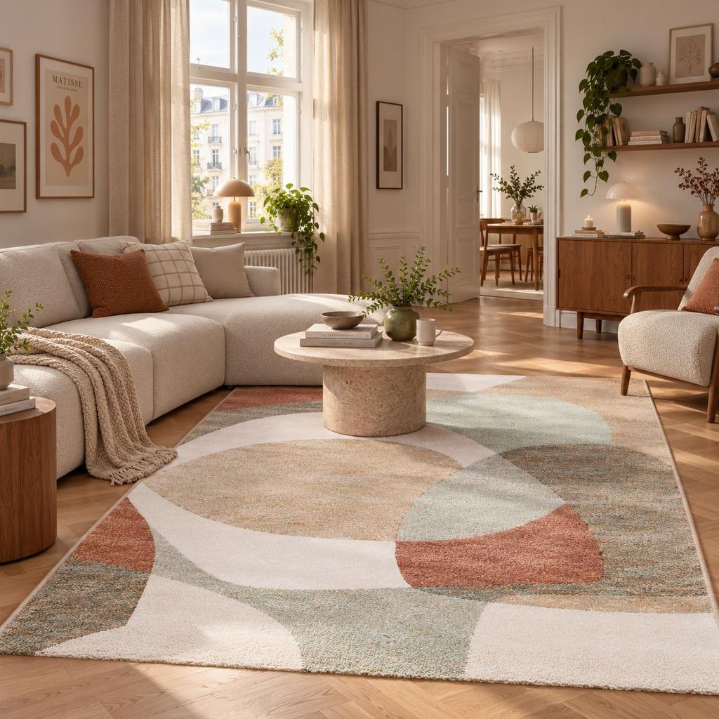 Designer Teppich Maui Beige Grün Modern, Größe:80x150 cm Produktbild  KI-generiertes Bild