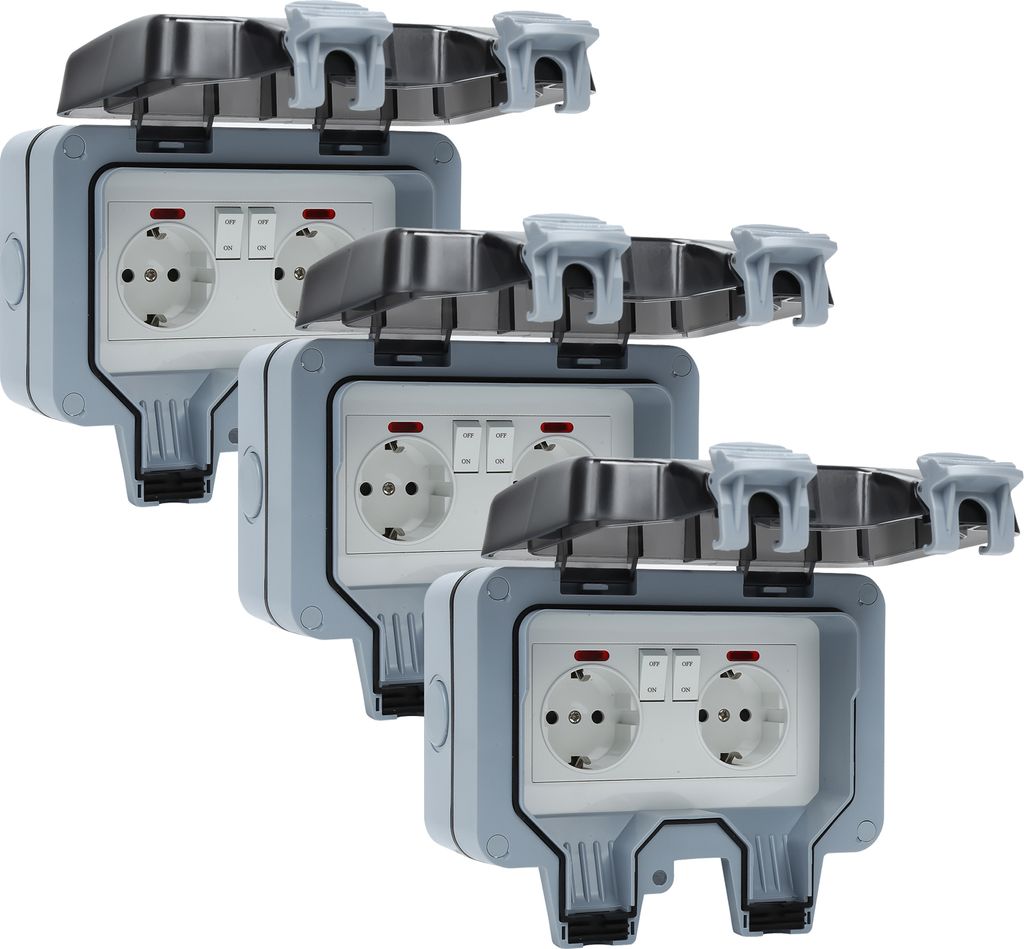 Jayseuw 3X Außensteckdose Gartensteckdose Outdoor Steckdose IP66 16A Wasserdicht Staubdicht Wandsteckdose 2 Loch mit Schalter