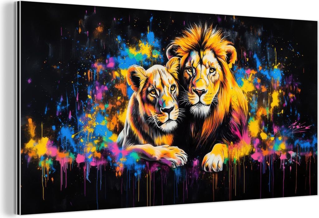 MuchoWow Wanddekoration Metall Metallbild Wandkunst 120x60 cm Löwen - Malerei - Farben MuchoWow Aluminium Gemälde - Metalbilder