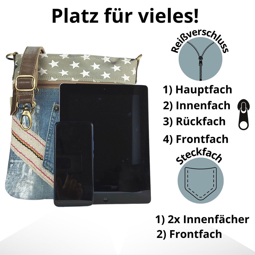 Sunsa Damen Umhängetasche Aus Canvas & Recycelter Jeans – Nachhaltig, Vintage, 31x31x9 Cm