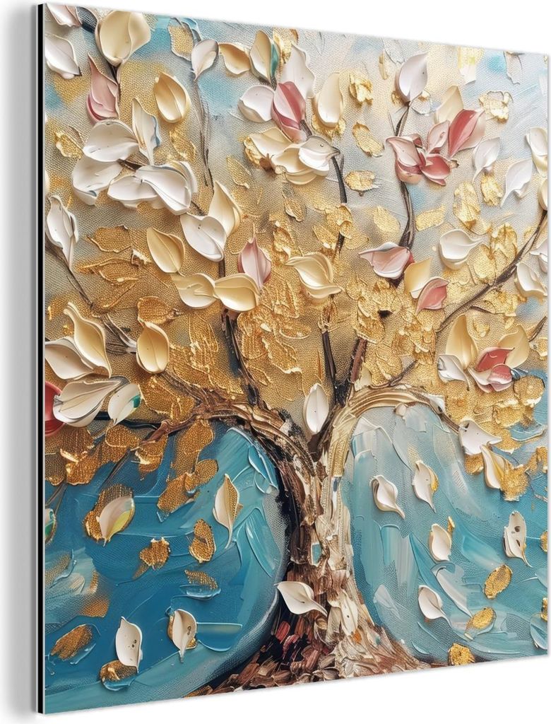 MuchoWow Wanddekoration Metall Metallbild Wandkunst 50x50 cm Baum - Blau - Gold - Abstrakt - Modern MuchoWow Aluminium Gemälde - Alubild - Industrial