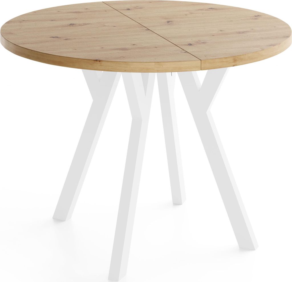 Runder Ausziehbarer Esstisch im Loft-Stil – Verlängerbarer Tisch mit Weißen Holzbeinen – Platzsparender Esstisch für Wohnzimmer – Eiche Ar...