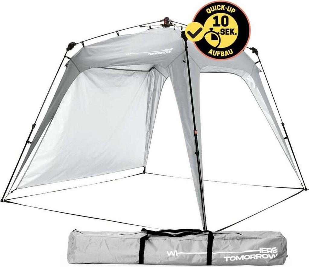 A pop-up pavilion or tent is shown set up, with its carrying bag visible below.