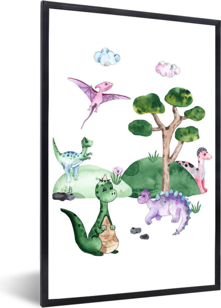 MuchoWow Gerahmtes Poster Kinderzimmer - Dinosaurier - Weiß - Jungen - Mädchen - Kinder 60x90 cm - Poster mit Schwarzem Bilderrahmen Wandposter...
