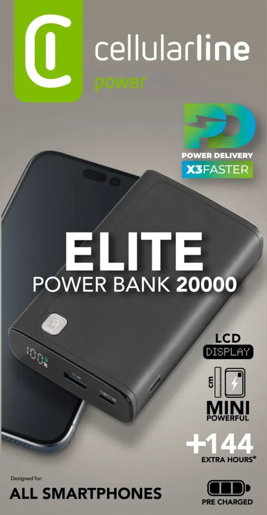 Powerbank 20W avec Écran LCD Cellularline Elite 20000 mAh PBDISPL01