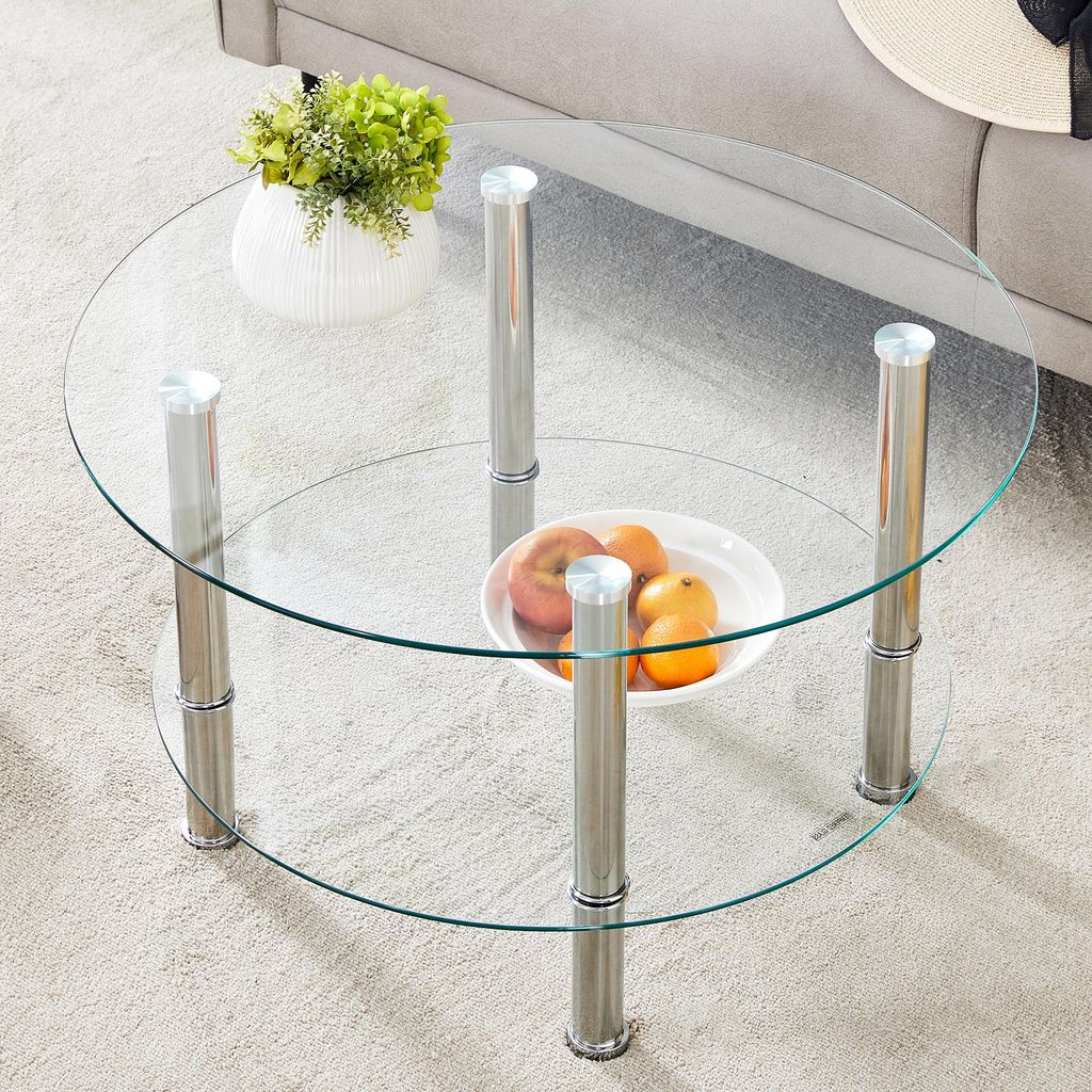 MODFU Zweistufiger Glascouchtisch,Sofatisch mit Silberne Metallbeine,Stabil und geräumig,für kleine Wohnungen,Transparent,Silber
