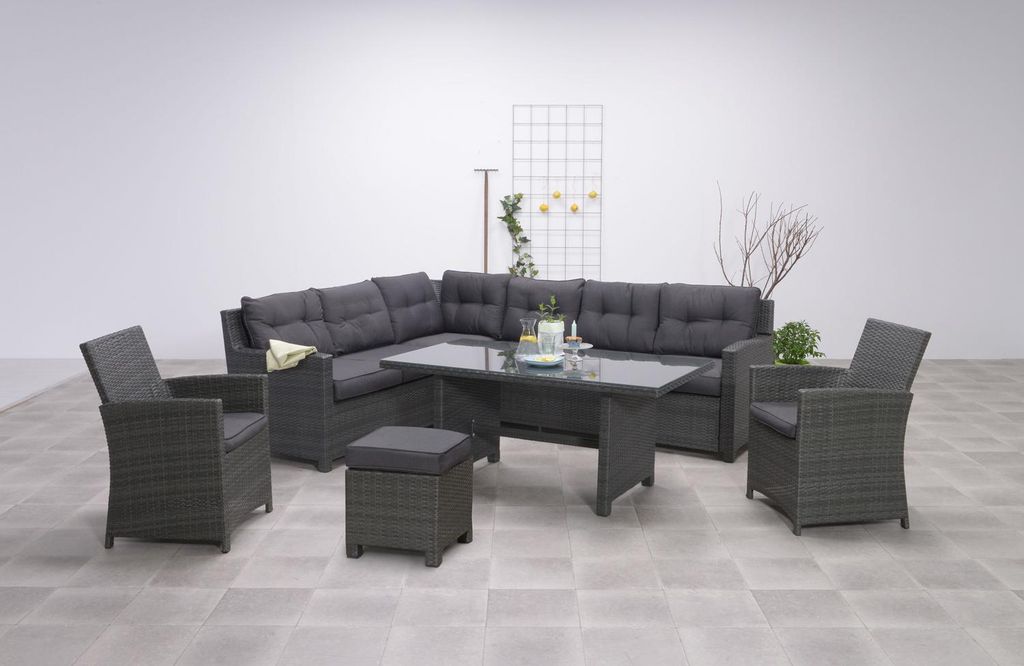 Garden Impressions Große Polyrattan-Ecklounge Gartenmöbel Sitzgruppe "Aberdeen XXL", inkl. Sessel, Hocker, Tisch, Kissen grau