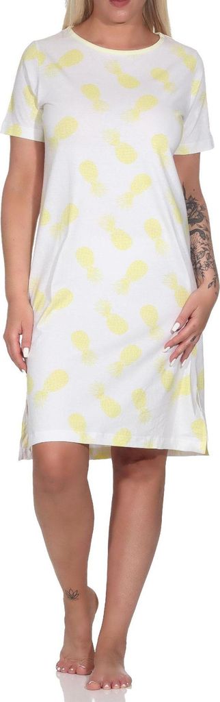 Normann Damen Kurzarm Nachthemd Sleepshirt mit Ananas als Motiv ; gelb , 36