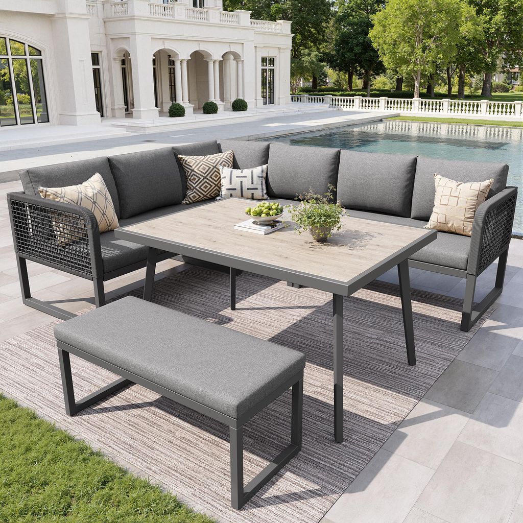 Gartenmöbel-Set für 6-8 Personen – Hochwertige Sitz- & Rückenkissen, handgeflochtenes PE-Rattan, wetterfest, Grau – ideal für Garten & Terr...