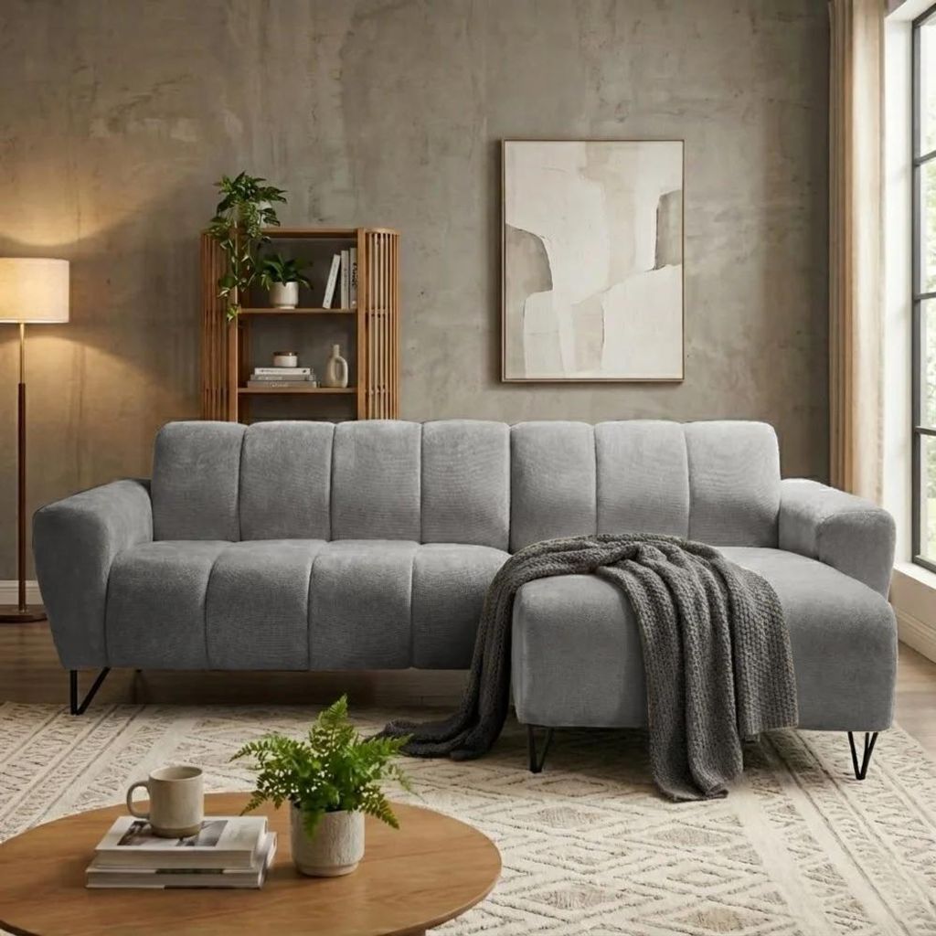 Ecksofa VOLARE MINI L-Form, Ottomane rechts, Chenille Vega in Grau, Sofa ohne Schlaffunktion, dekorative schwarze Metallbeine