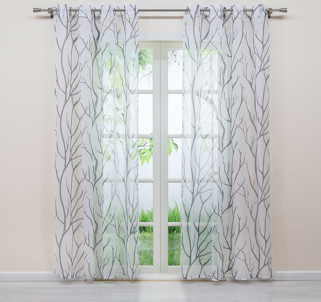 Joyswahl Vorhang Voile Gardinen HxB 245x140cm Ösenschal mit grauem Zweigmuster Ösen halbtransparent Grau 1 Stück