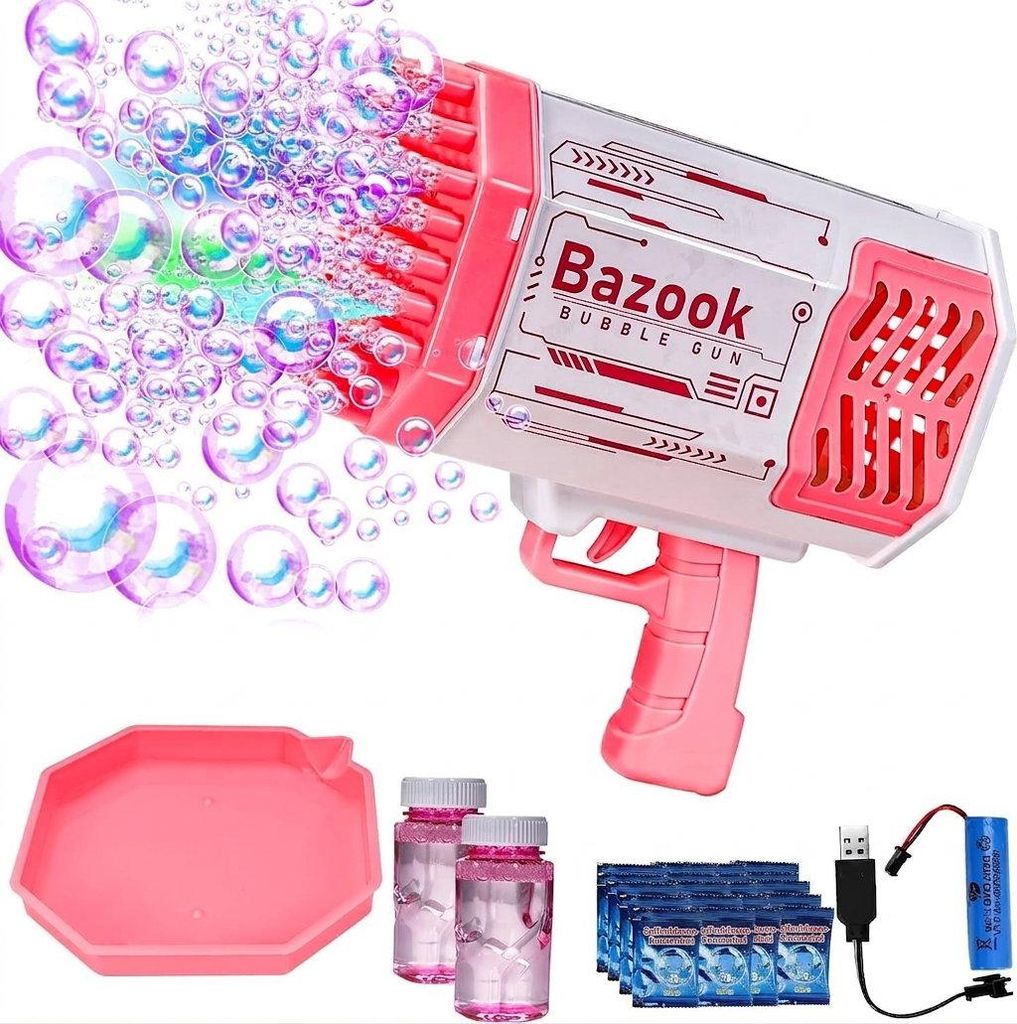 Pink-weiße Bazooka-Blasenpistole mit einem Strom bunter Blasen, zusammen mit Blasenlösung, Ladekabel und Batterie