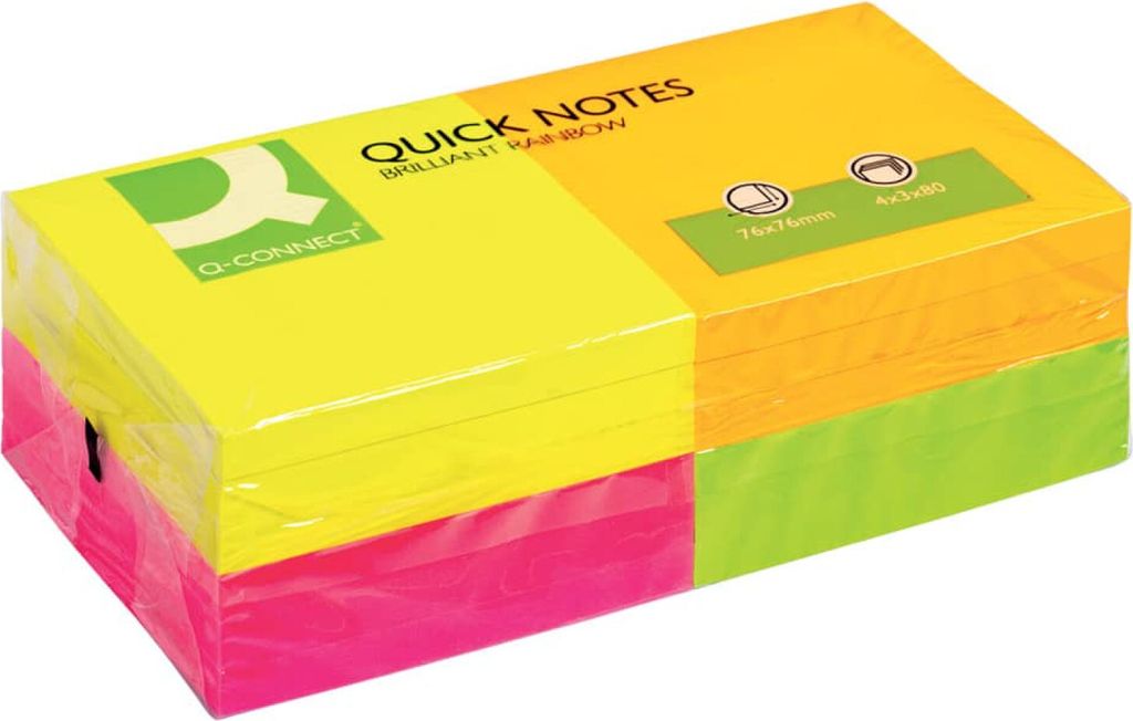 Q-Connect Haftnotizen Quick Notes - Brilliantfarben, 76 x 76 mm