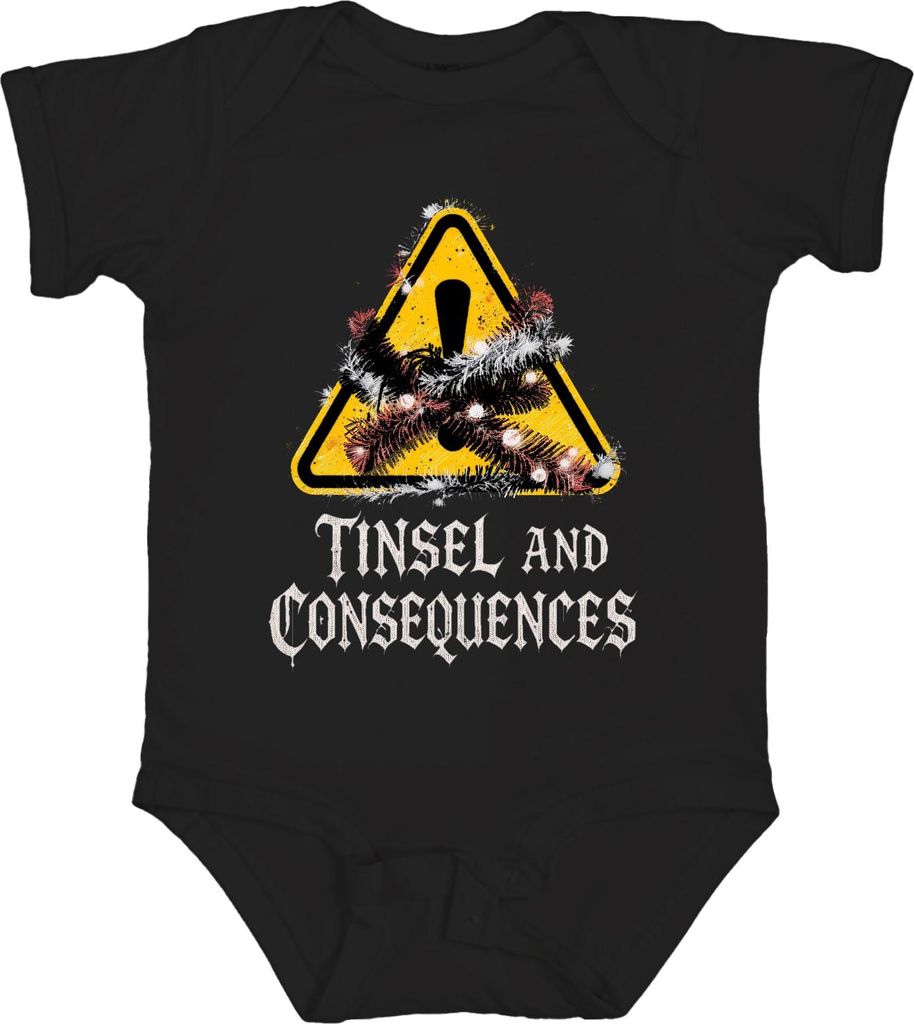 Tinsel and Consequences Weihnachten Lametta Warnschild lustig Unisex Baby Body, Schwarz, 12/18