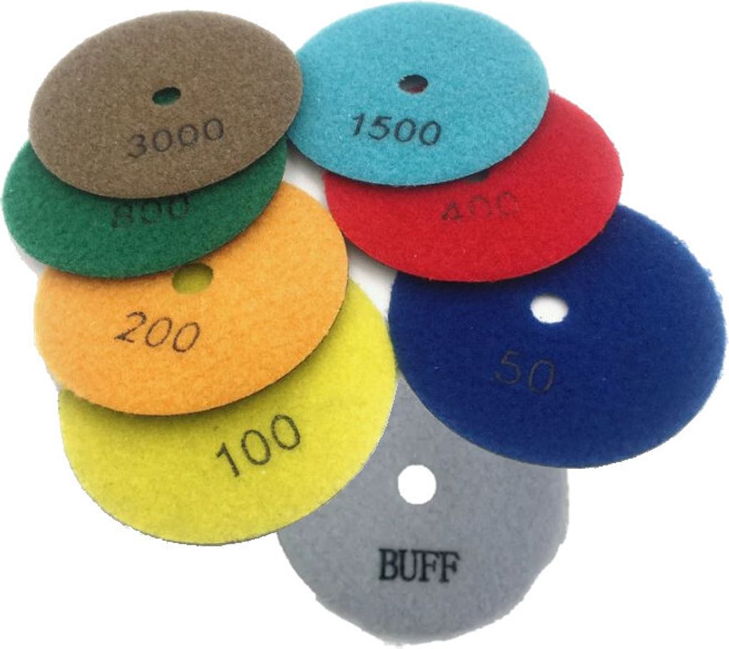 Trade-Shop SET (8-teilig): Ø100mm Trocken Diamant Schleifscheiben / Polierscheiben / Polierpads M14 - BUFF, #50, #100, #200, #400, #800, #1500, #3000