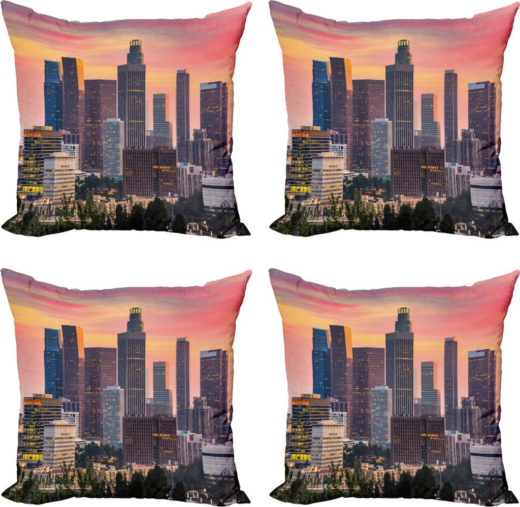 ABAKUHAUS Stadt Kissenbezug Set (4 Stück), Los Angeles Skyline orange Himmel, Moderner Doppelseitiger Digitaldruck, 60 cm x 60 cm, Mehrfarbig
