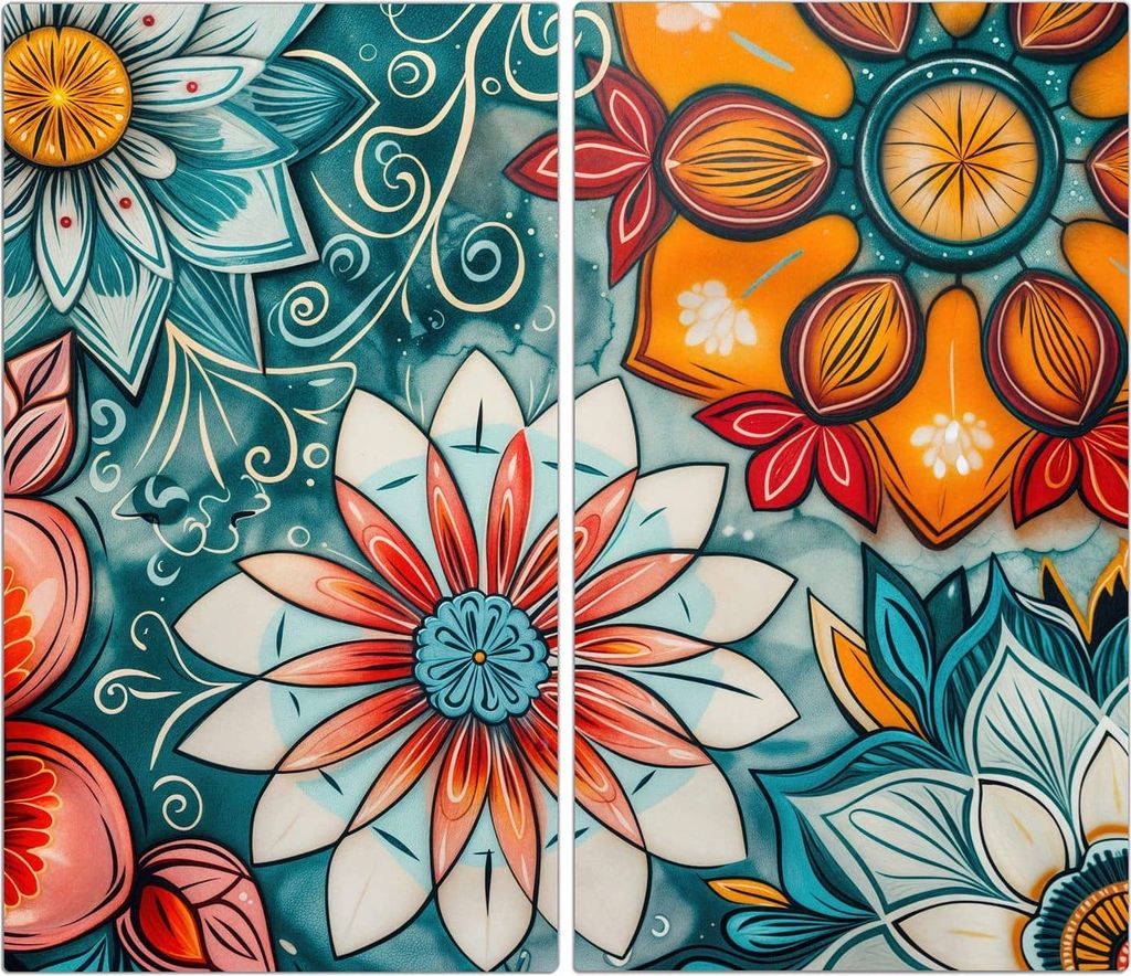 Spritzschutz Herdabdeckplatte Schneidebrett aus Glas Blumenmuster Mandala 2-Teilig (60x52cm)