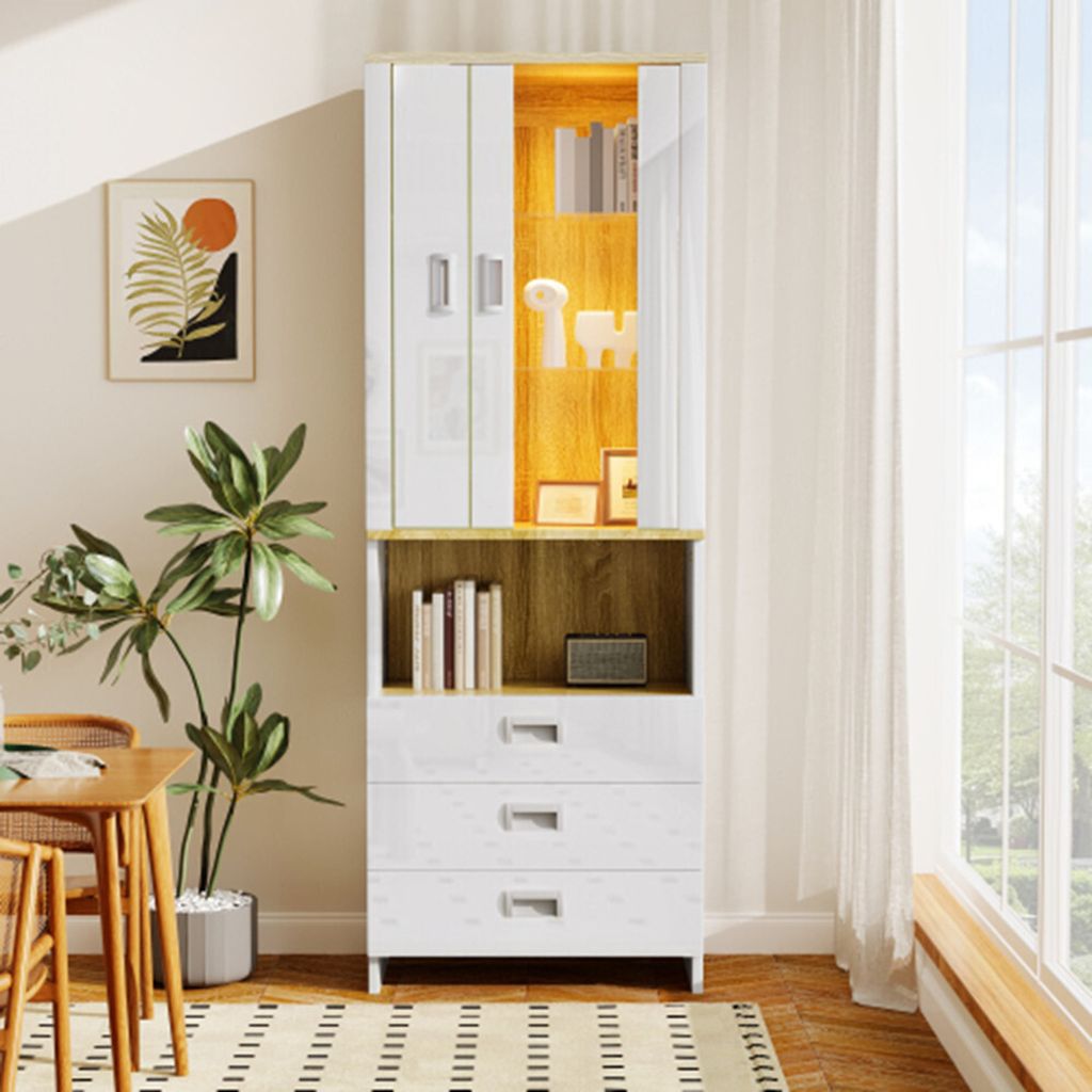 Ausstellungsregal, transparenter Glastürenschrank, mit verstellbarer LED-Beleuchtung, modernes Design für verschiedene Räume