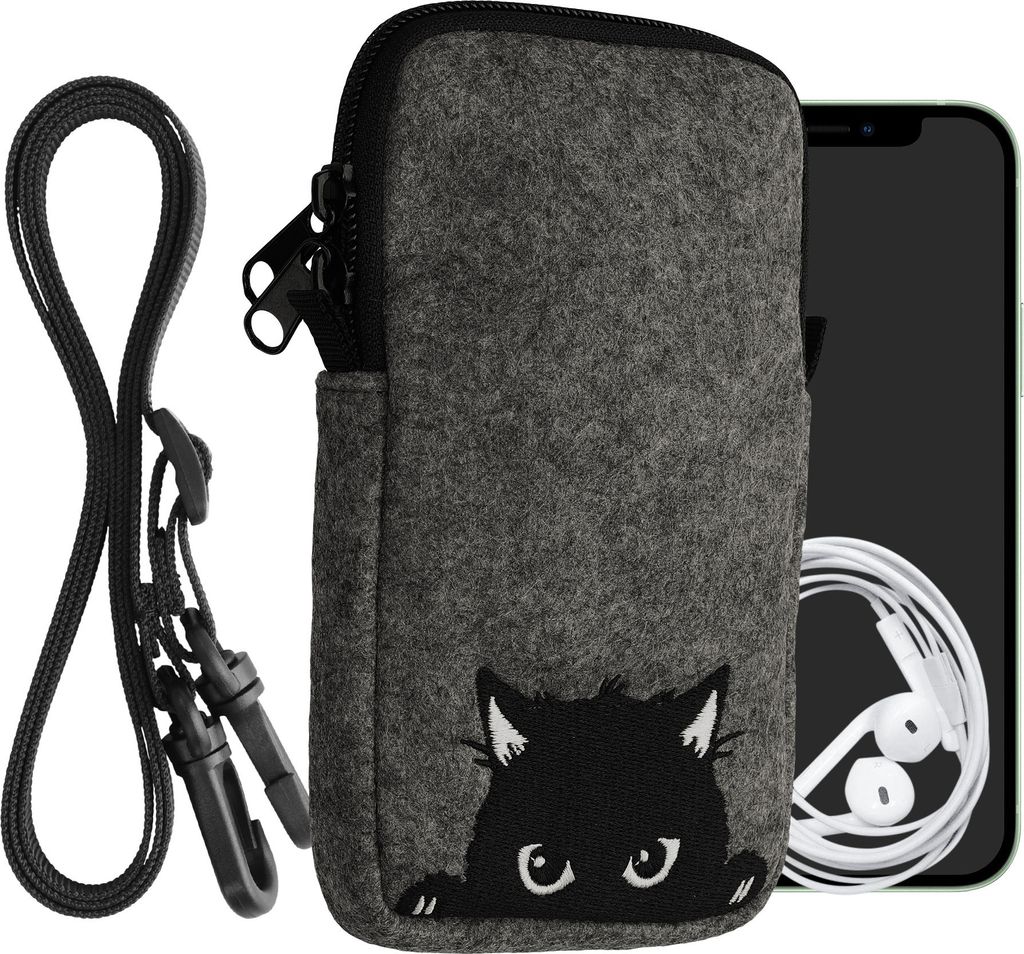 kwmobile Handytasche für Smartphones L - 6,5" - Filz Handy Hülle Grau Schwarz - Handy Tasche mit Kette 16,5 x 8,9 cm Innenmaße - Neugierige Katze