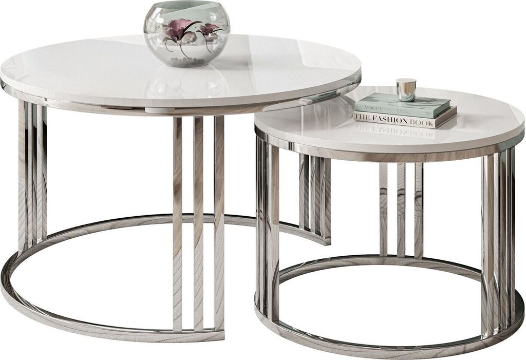Runder Couchtisch 2in1 LORI silberner Chrom Hochglanz Produktbild 