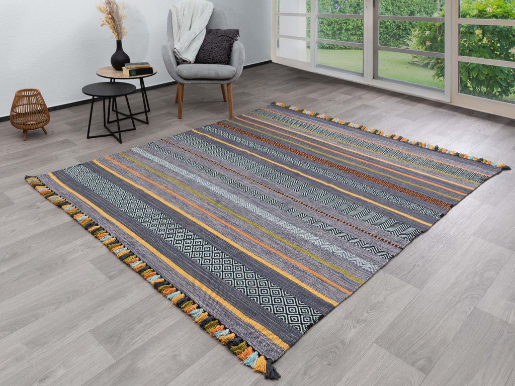 Steffensmeier Handwebteppich Turbat | Antistatisch | 100% Baumwolle | Anthrazit, handgewebt, Größe: 170x230 cm