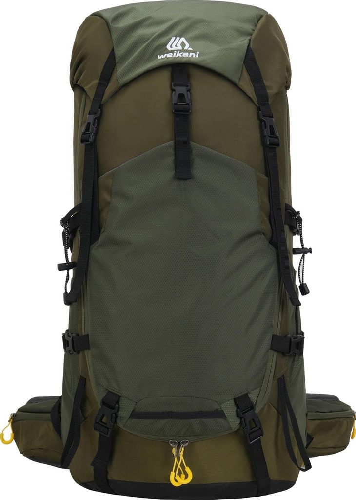 A green hiking backpack is shown against a white background.