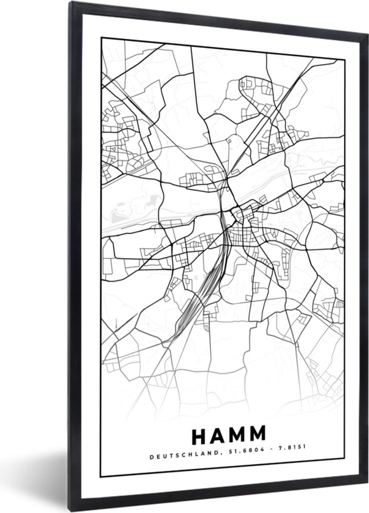 MuchoWow Gerahmtes Poster Karte - Hamm - Stadtplan - Karte 40x60 cm - Poster mit Schwarzem Bilderrahmen Wandposter Rahmen Foto Bilder - Papierdru...