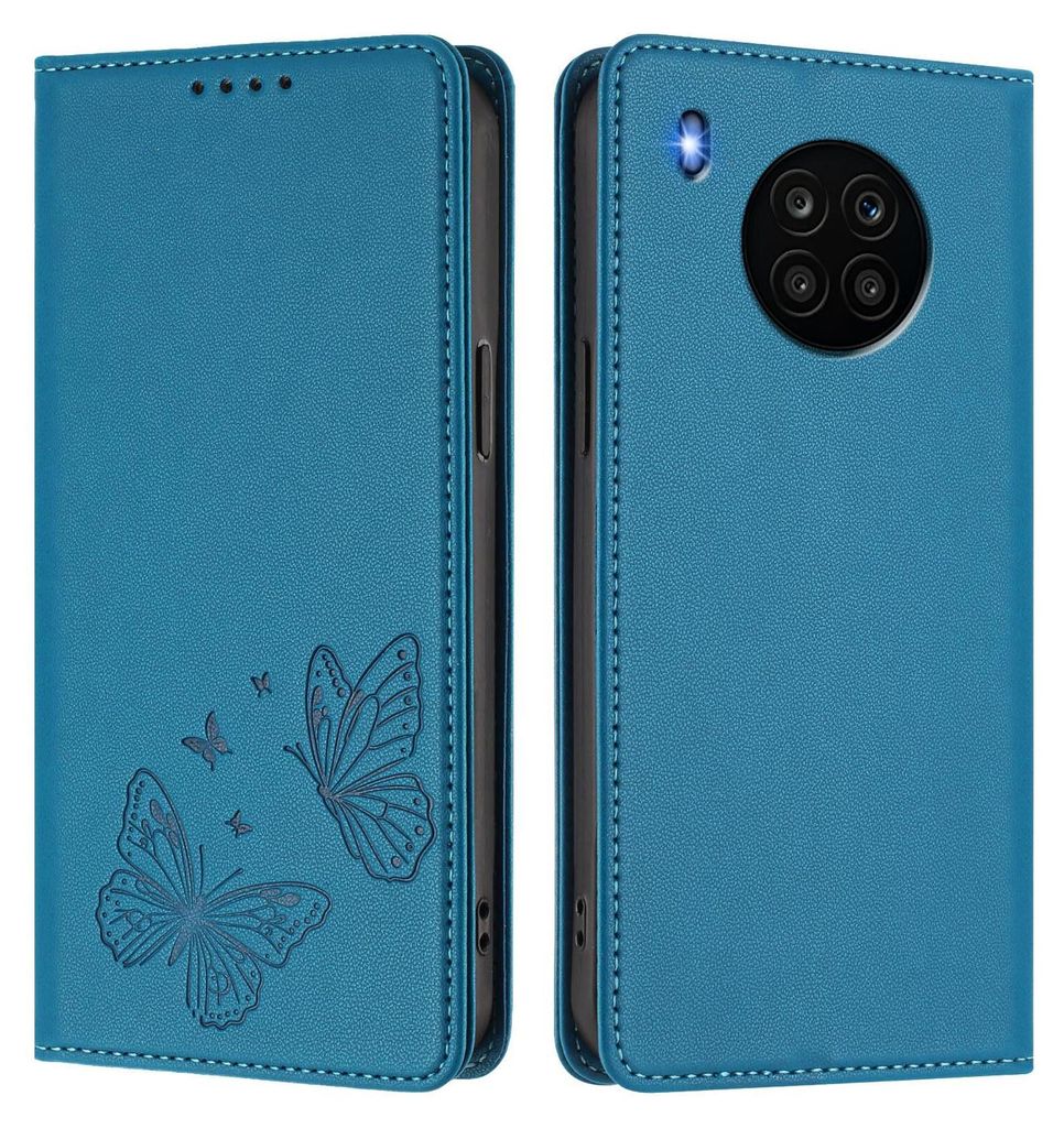 Lederhülle für Huawei Nova 8i /Honor 50 Lite, Schmetterling Prägung Leder Brieftasche Schutzhülle mit Ständer Blau