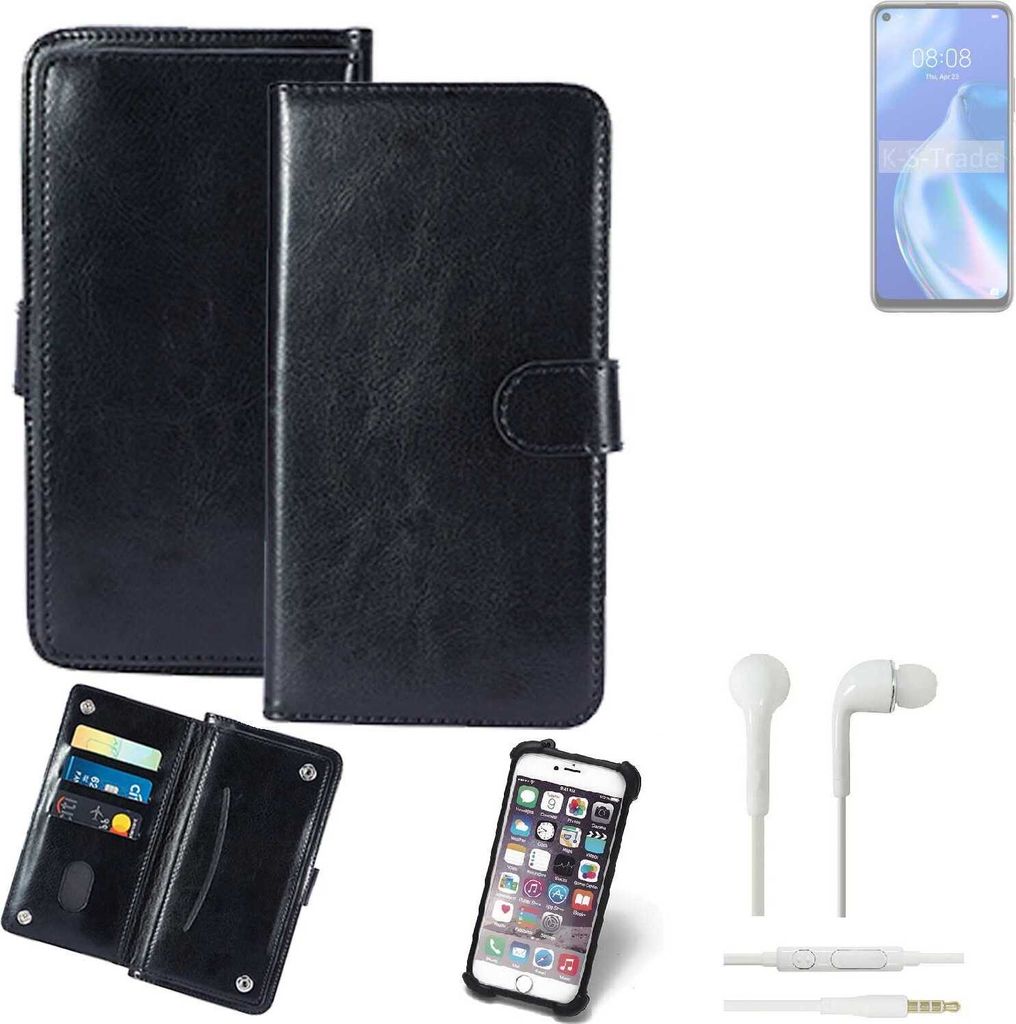 K-S-Trade 360° Hülle kompatibel mit Huawei P40 lite 5G inkl. Headphones schwarz Kunstleder Case BookCase WalletCase Kunstlederederhülle