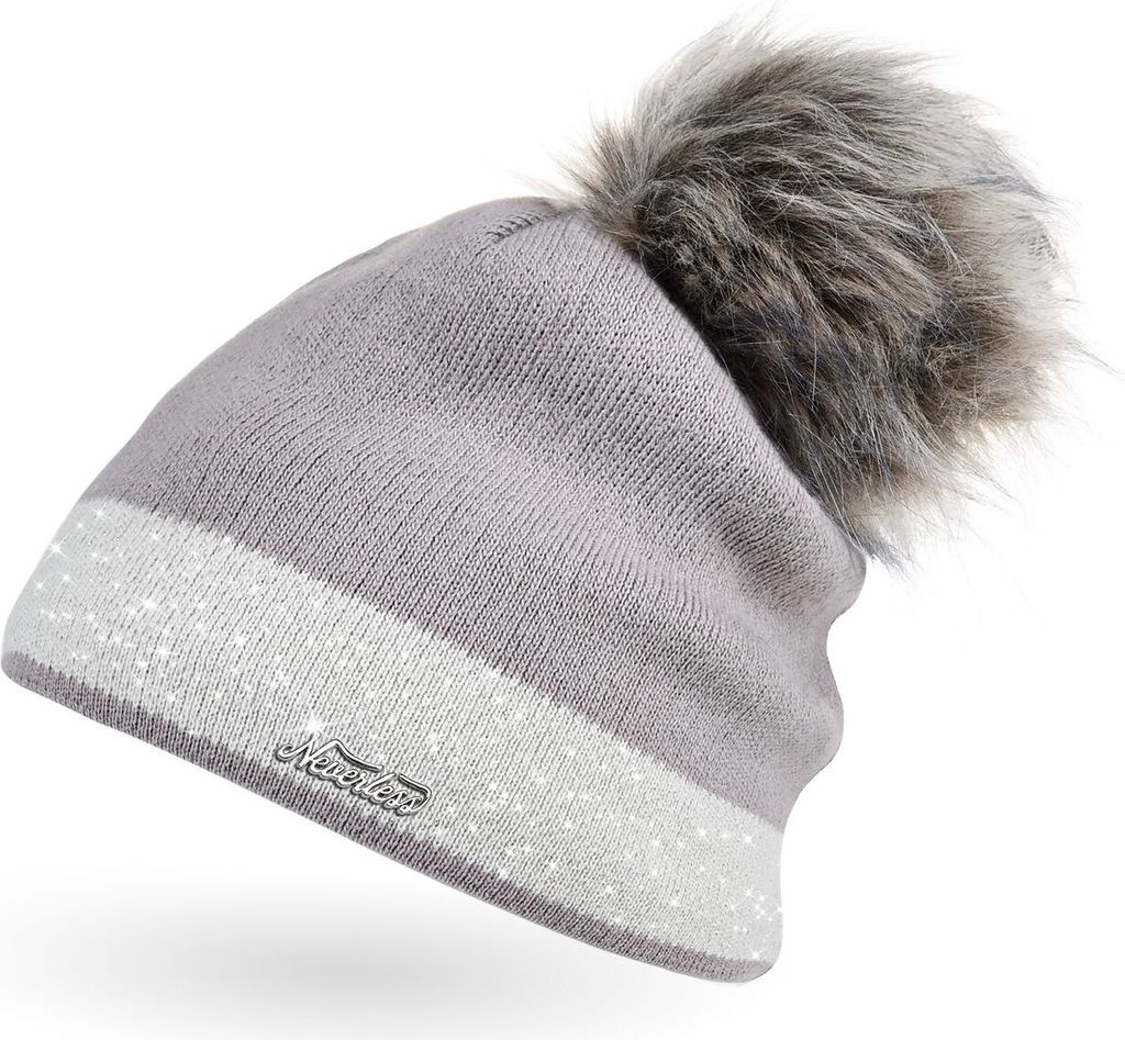 Damen Strick-Mütze gefüttert Fell-Bommel Kunstfell Winter-Mütze Feinstrick mit Glitzer-Garn Bommelmütze Neverless dunkelbeige-hellbeige unisize