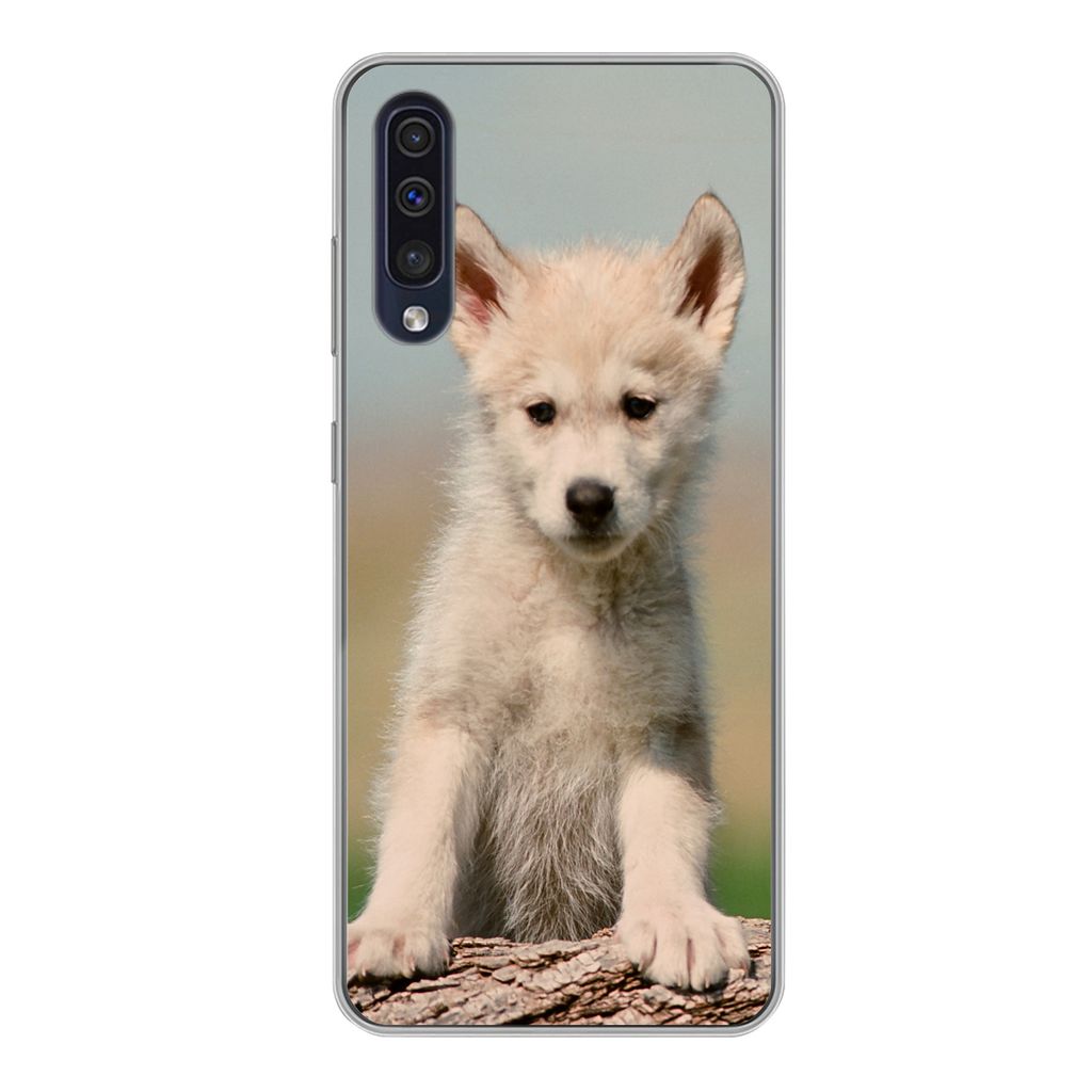 MuchoWow Handyhülle Schutzhülle Hülle für Samsung Galaxy A50 Wolf - Kind - Holz Silikon Softcase Handy Hülle - Mobiltelefonhülle