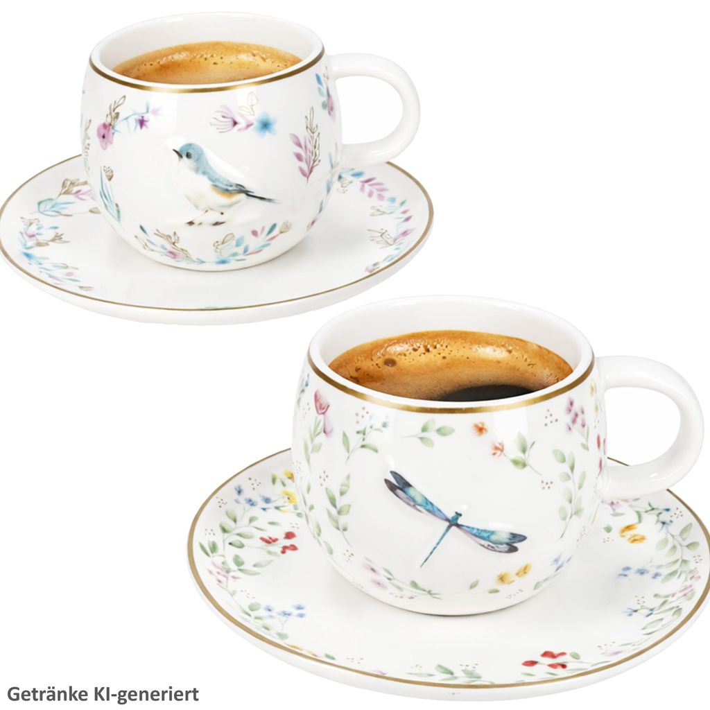 Fancy Garden Vogel & Libelle 2er Espressotassen mit Untertassen Mokka