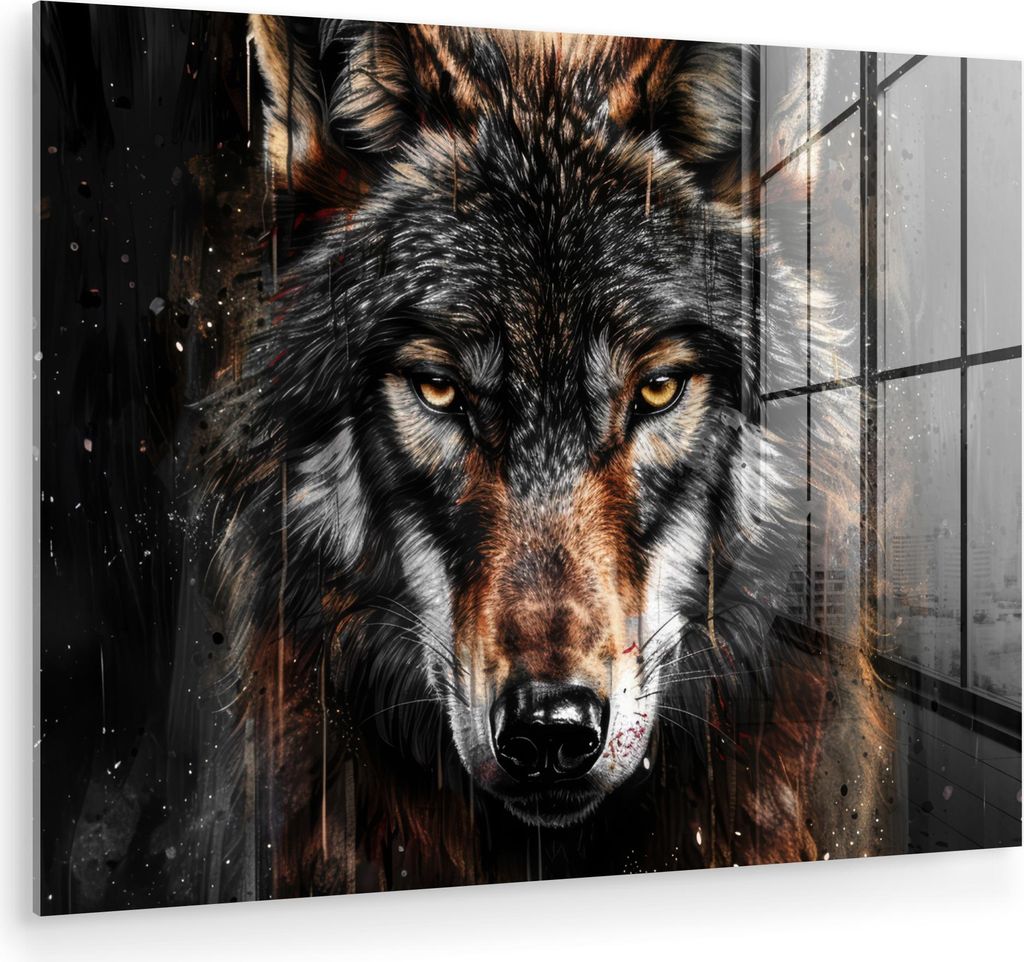 MuchoWow Glasbilder - Bilder auf Wandbild - Foto auf Glas Tiere - Wolf - Porträt - Schwarz - Braun 80x60 cm Wanddekoration aus Glas - Acrylglasbil...