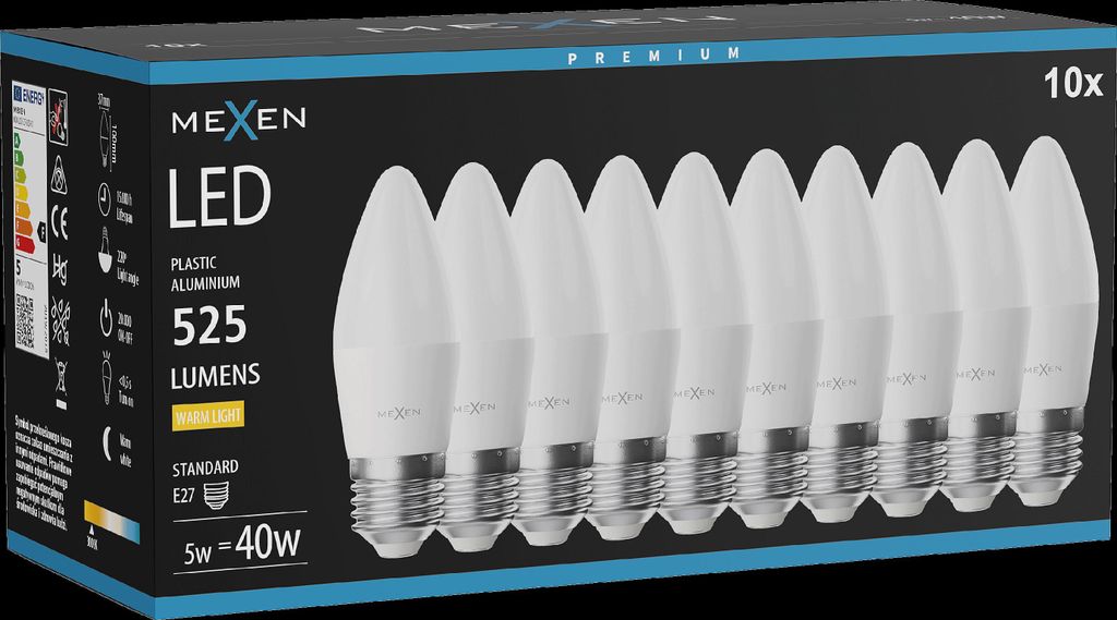 Mexen Nova 10x LED-Glühbirne E27, C37, 5W, Warm - 3000K, 525 lm - L102-E27-0530-01x10