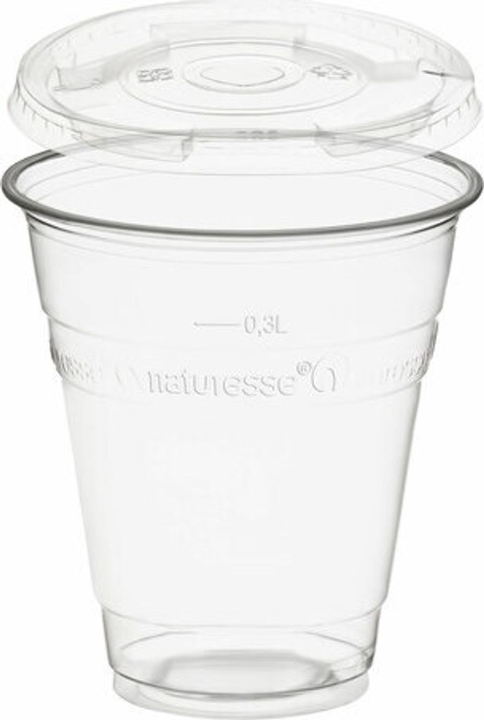 250x Trinkbecher 300ml + Deckel mit Halmstanzung aus Biokunststoff (PLA)