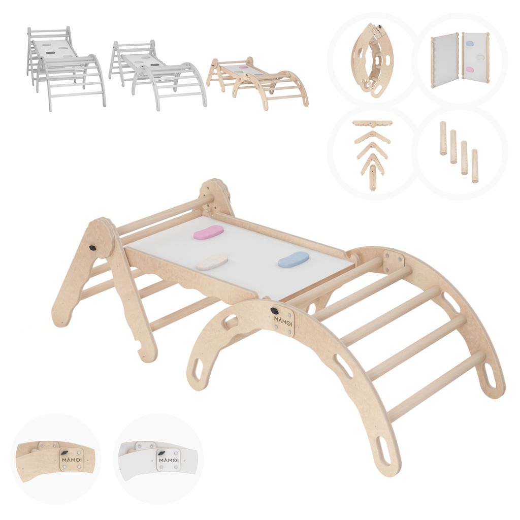 MAMOI Set Klettergerüst indoor, Kletterdreieck mit rutsche aus holz, Kletterbogen, Baby kinder klettern, Regenbogenwippe mit Rutschbrett, Holzbogen