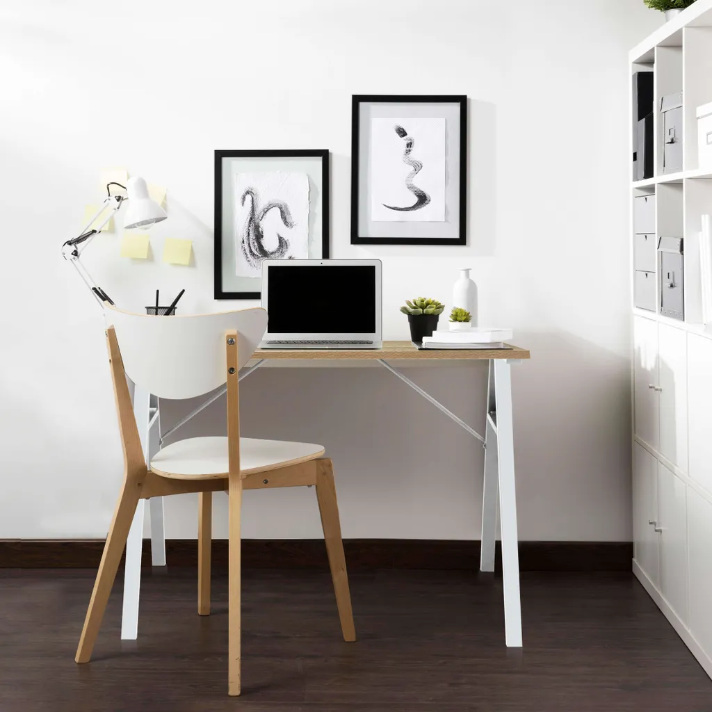 Scrivania Rebecca Mobili in fibra di legno e acciaio, bianco e beige - 2