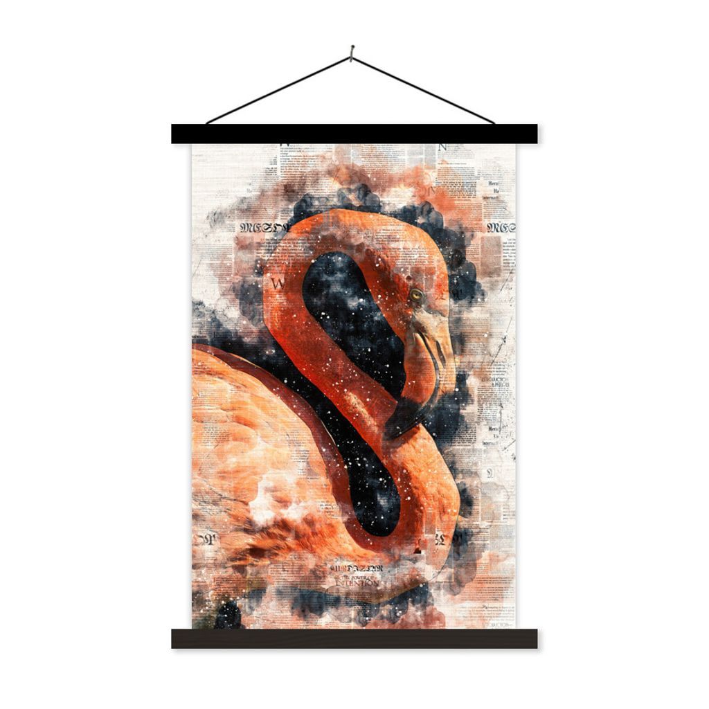 MuchoWow Textilposter Flamingo - Sterne - Zeitung 40x60 cm mit schwarzem Rahmen - Wanddekorationen