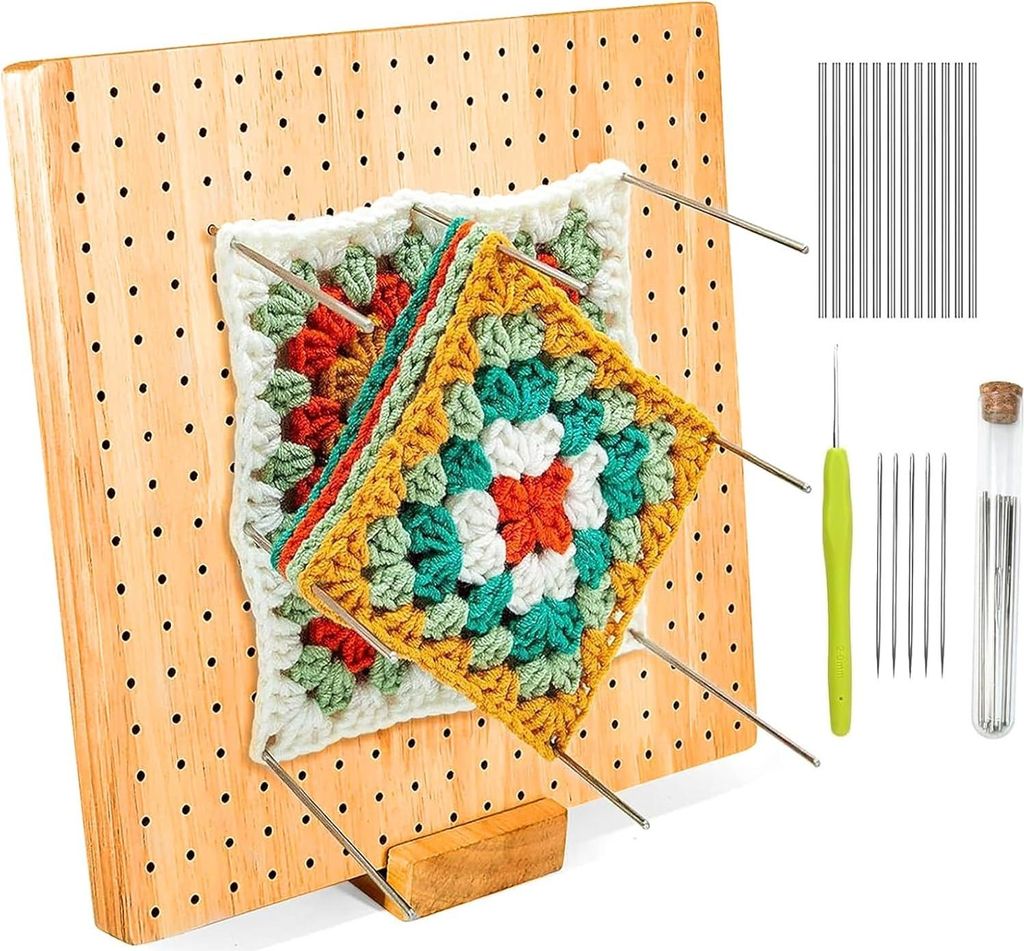 Holz-Häkelblockbrett-Set für Stricken - Häkeln und Granny Squares - Handgematte Blocking-Matte mit 20 Edelstahl-Pins und 1 Strickständer