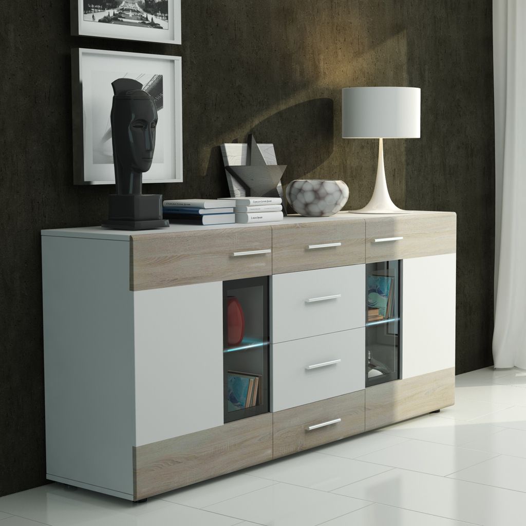 Masseno Kommode TARANTO 169 cm Sideboard mit 4 Schubladen und 2 Türen für Wohnzimmer Schlafzimmer Modern 169x40x79 cm Weiß / Sonoma Eiche