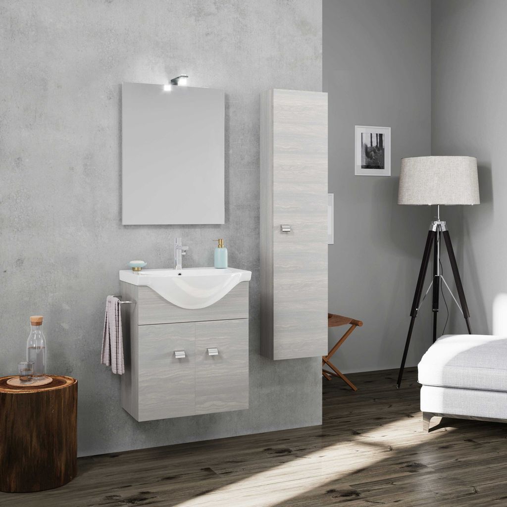 56,5Cm Wandhängender Badezimmerschrank Komposition 2A Waschbecken Und Spiegel Eiche Grau + Säule Eiche Grau Easy Series
