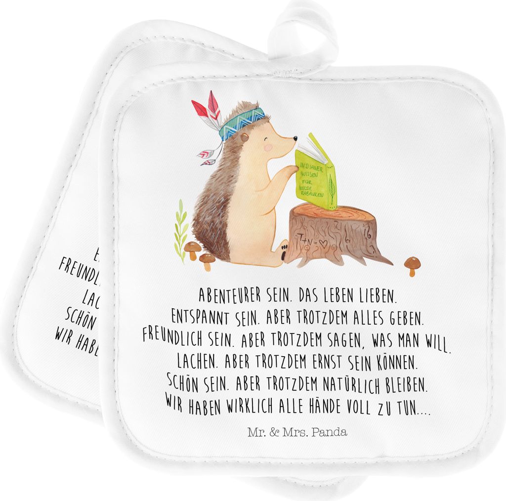 Mr. & Mrs. Panda Topflappen Igel Federschmuck - Weiß - Geschenk, topfhalter, Camping, Lagerfeuer, Indianer, Tiere, Topfuntersetzer, Abenteuer, Set...