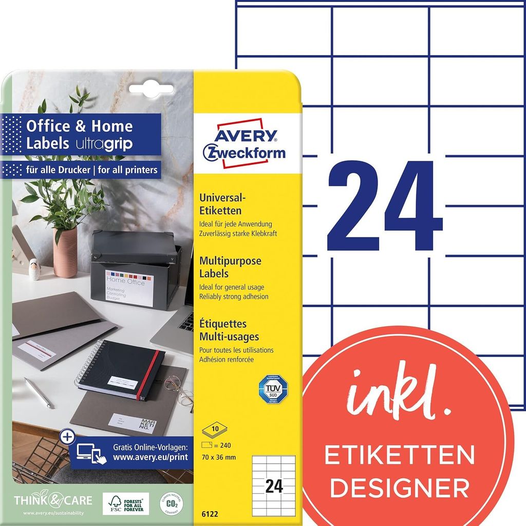 240 etikiet AVERY Zweckform 6122 biela 70,0 x 36,0 mm Obrázok produktu 
