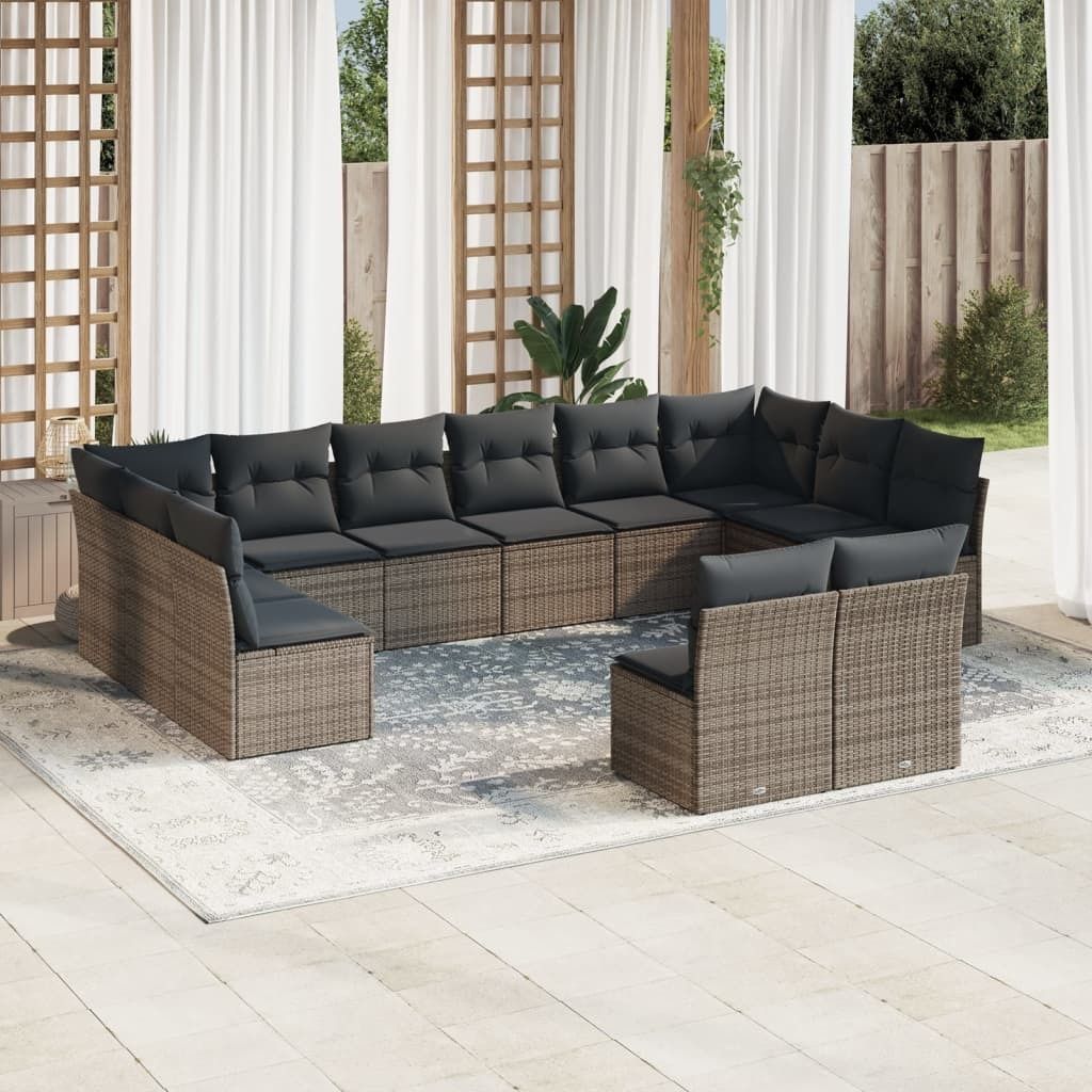 Design 12-tlg. Garten-Sofagarnitur mit Kissen Grau Poly Rattan, Gartenmöbel-Sets 2024 Neu