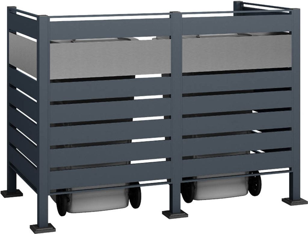 A product shot of a double metal trash bin enclosure.