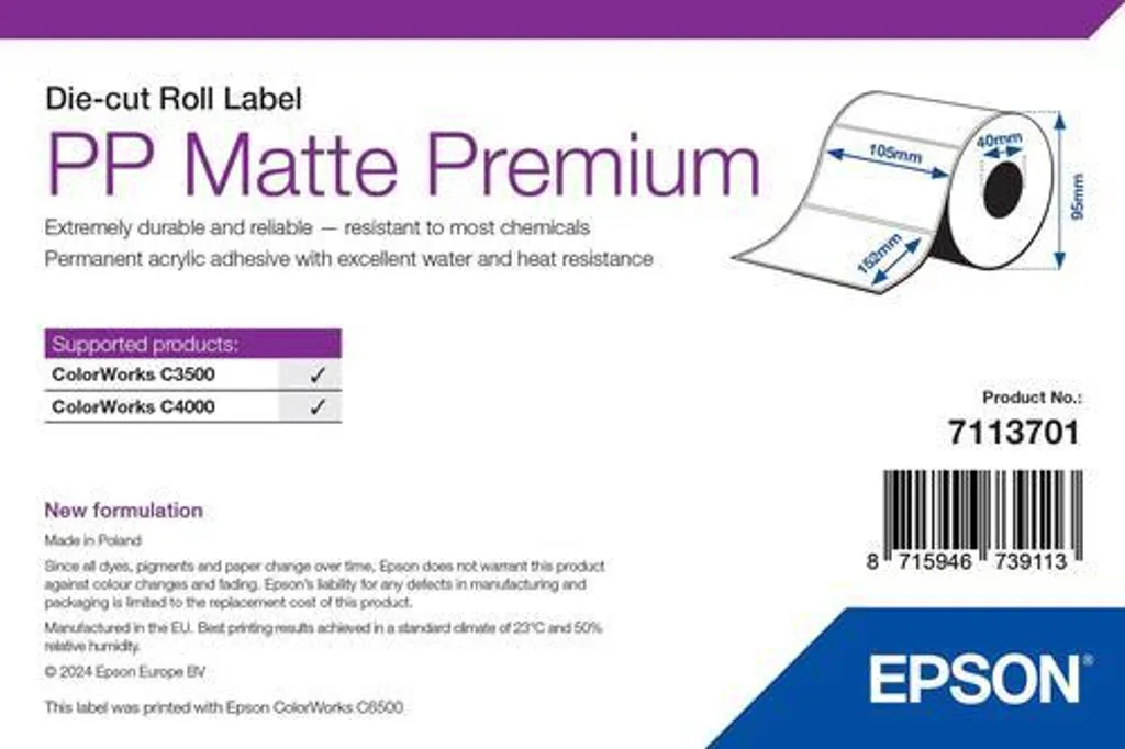 Étiquettes Mat Adhésif Permanent Epson 105x152mm Polypropylène PP
