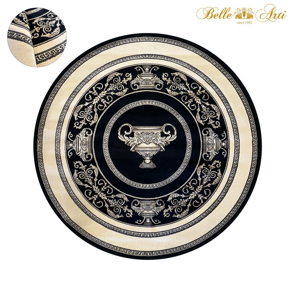 Luxus Designer Teppich in Schwarz Gold mit Amphore Motiv - 100% Viskose 200 cm Ø