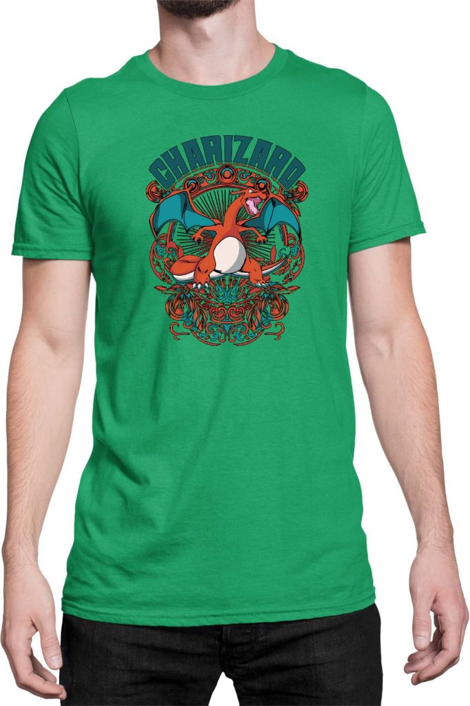 Herren T-Shirt Japan Anime Manga Pokemon Charizard, Man L / Grün